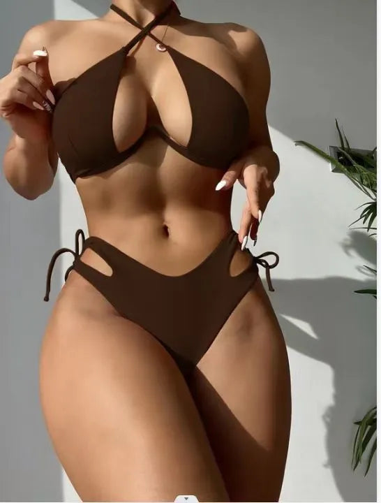 Women's brown halter-neck bikini set with backless top and briefs bottom on a mannequin