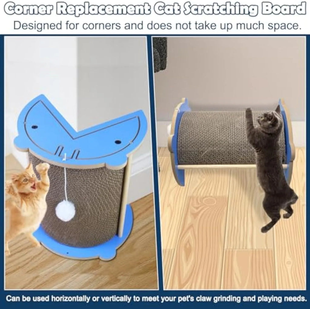 White corner cat scratcher with replaceable cardboard pad and hanging ball for furniture protection