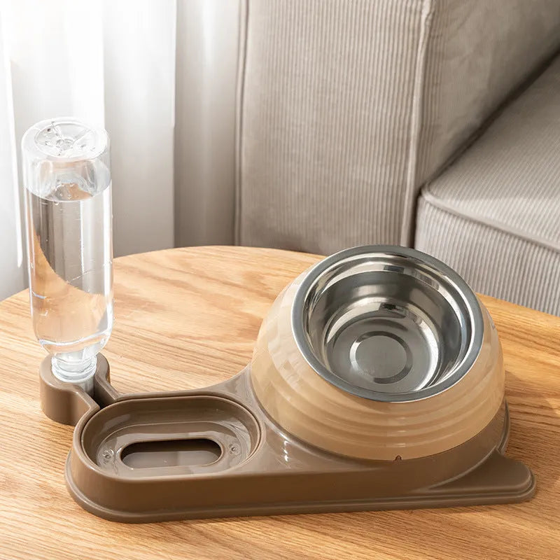 Brown elevated cat bowl with water dispenser, food-grade materials, automatic 2-3 day water supply