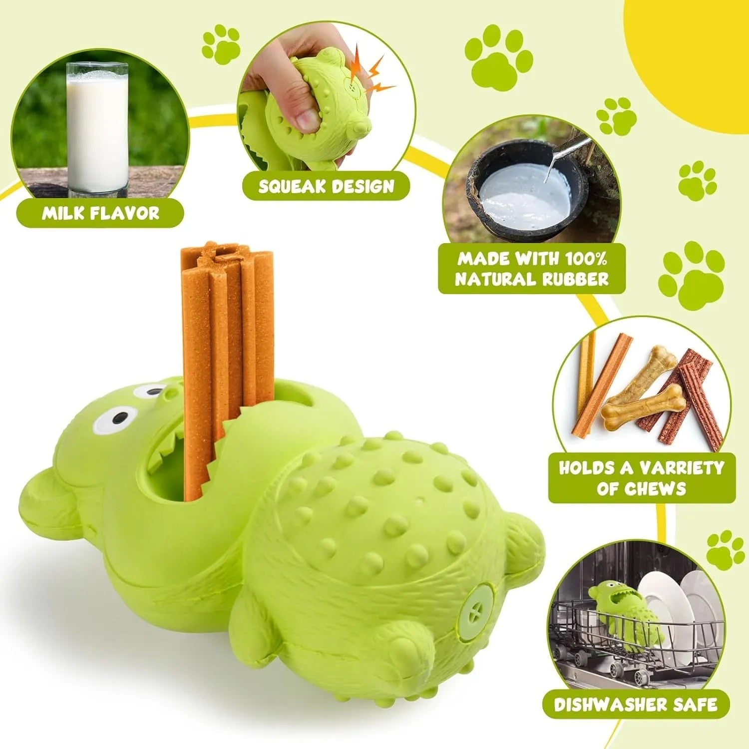 Green and yellow natural rubber squeaky dog toy for aggressive chewers with 30% thicker construction