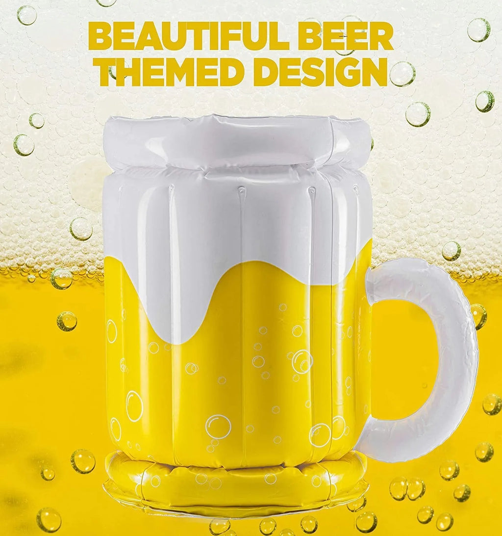 Yellow inflatable beer mug cooler pool float with drink-holding function