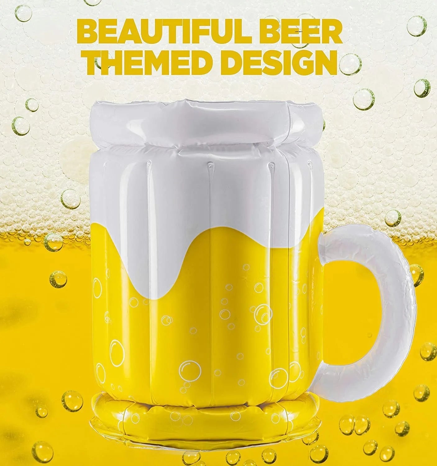 Yellow inflatable beer mug cooler pool float with drink-holding function