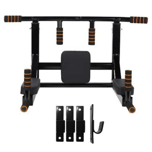 Black wall-mounted fitness rack with parallel bars for pull-ups, dimensions 77cm by 47cm