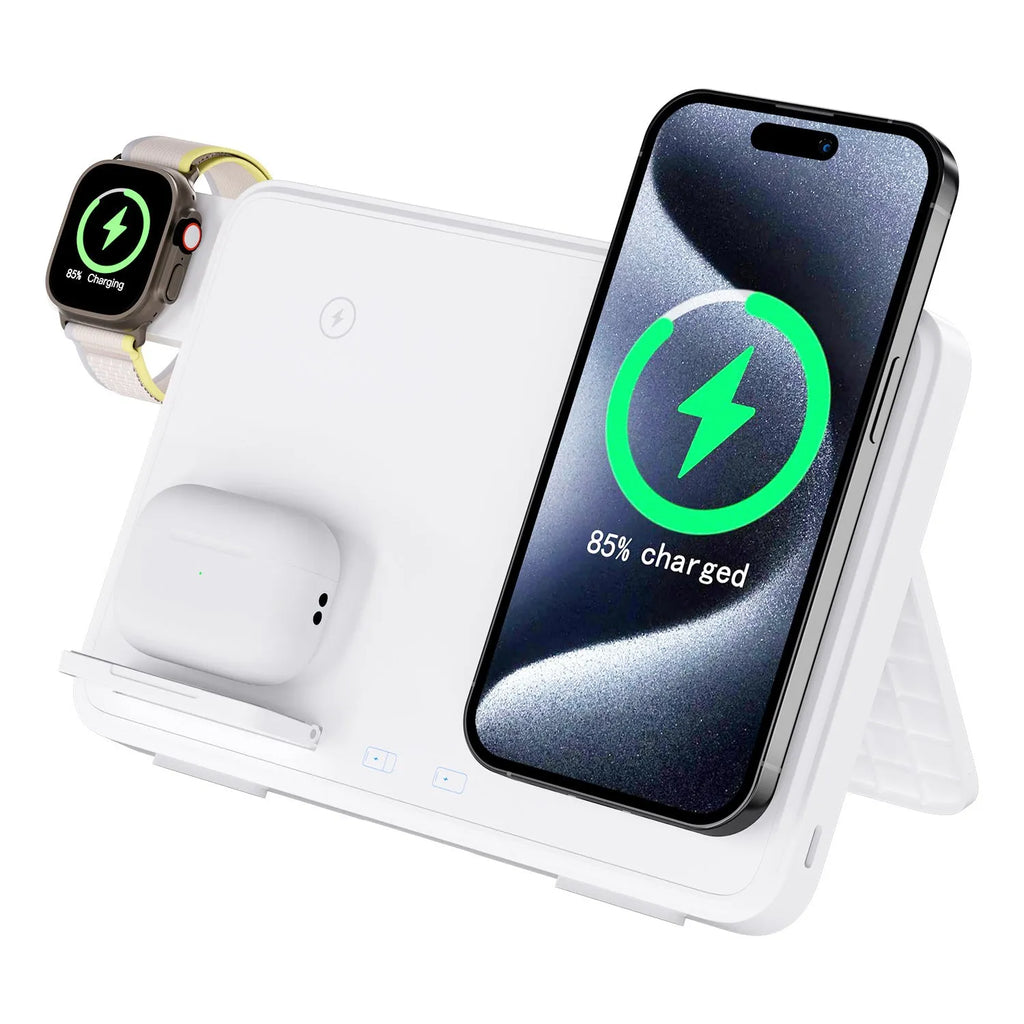 15W three-in-one wireless charger in Black or Ivory White, 184x21.5x130mm, with magnetic charging and QC3.0.