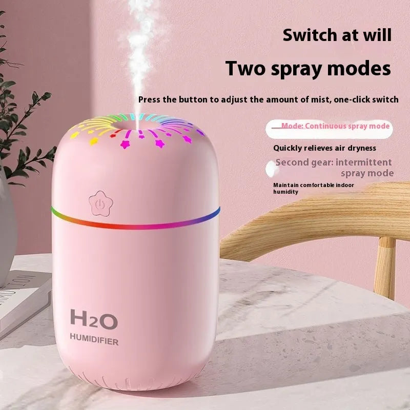 White USB mini humidifier measuring 75x75x116mm with 300ml water tank capacity