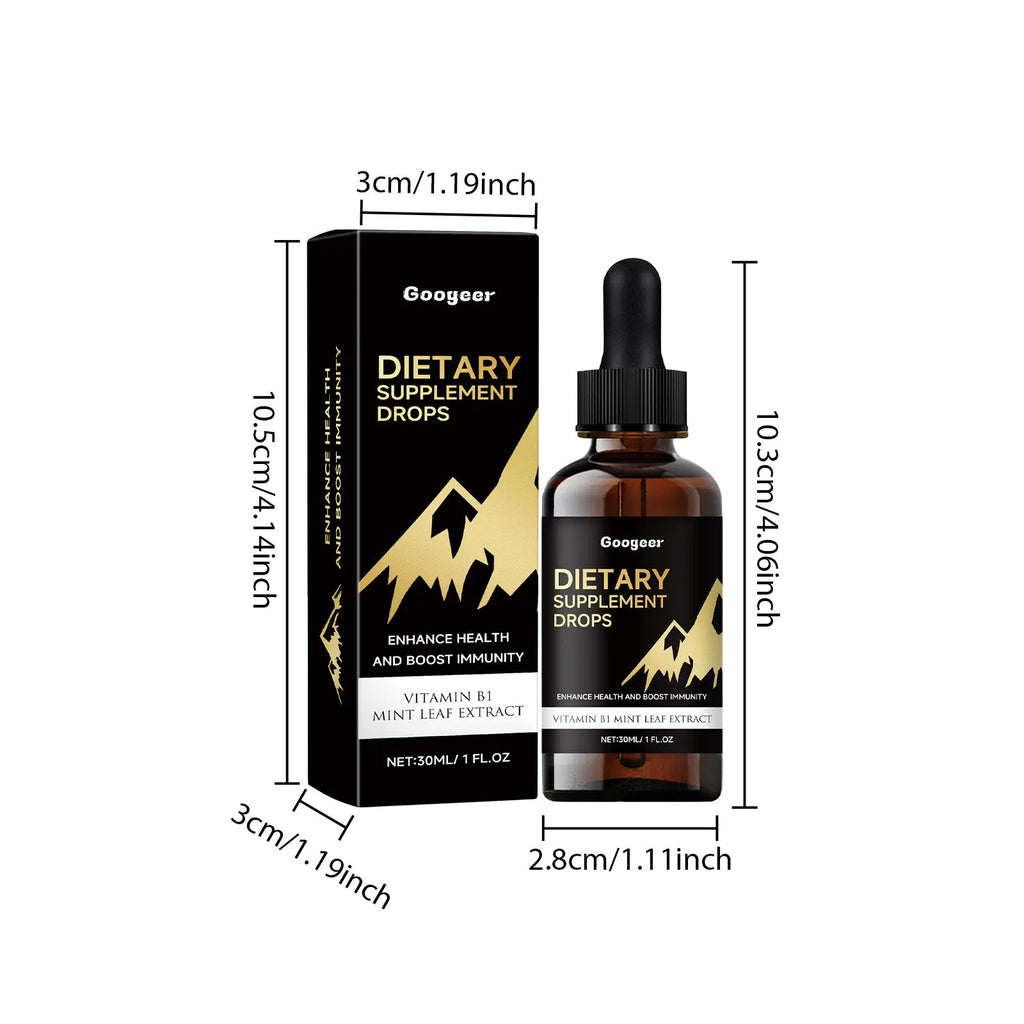 Bottle of dietary supplement liquid drops with a separate measured dropper for dosage.