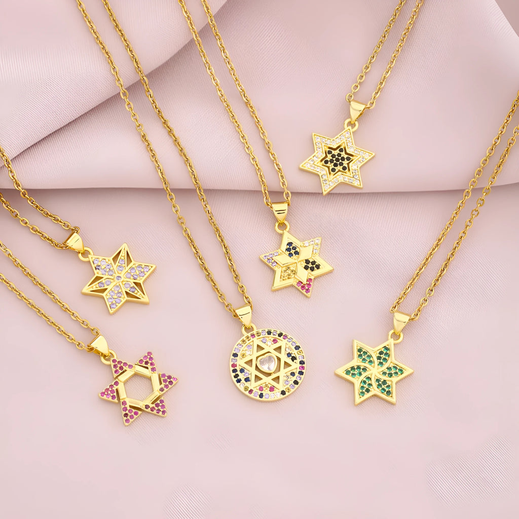 Six-pointed star pendant necklace with emerald zircon inlay on copper O-shaped chain, 41-50cm circumference