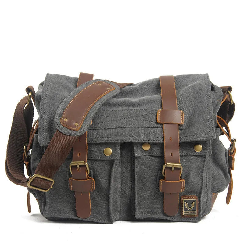 Men's canvas crossbody shoulder bag in Army Green with cowhide accents, showing internal compartments and flap design