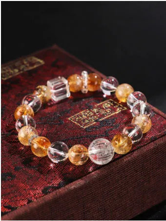 Huang Tajing women's bracelet with white crystals, yellow freshwater pearls and citrine beads in fashion OL style