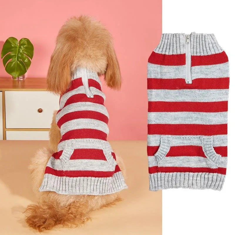 Grey dog sweater with horizontal zipper, button closure, and contrast colour front pockets on a small dog