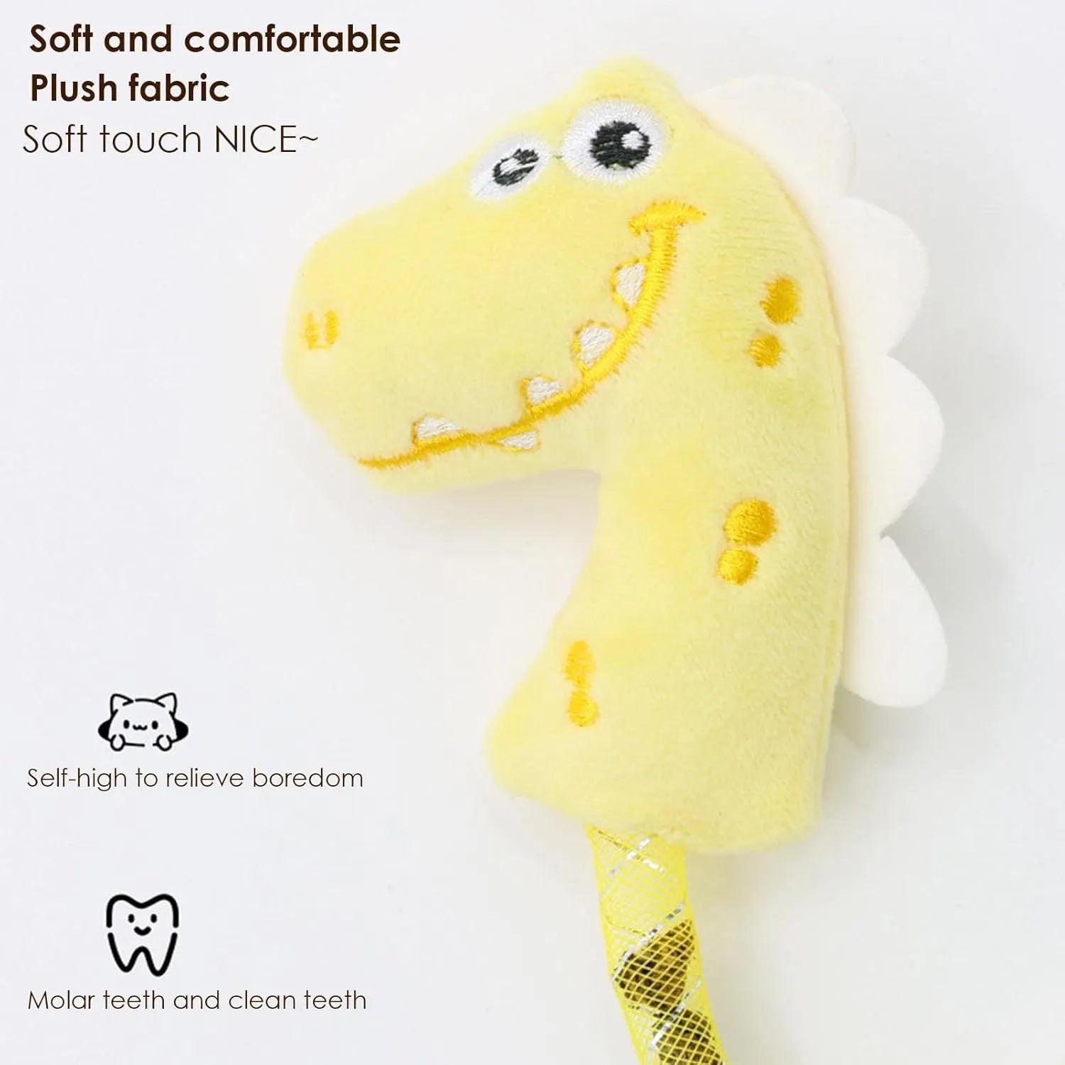 Four plush cat chew toys in pink, purple, and yellow colours showing mouse, fish, bunny, and catnip designs