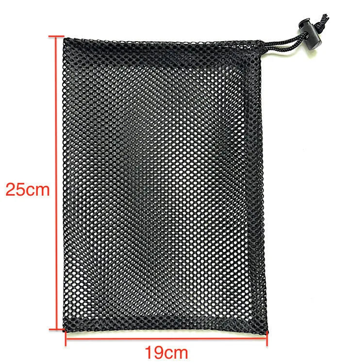 Black drawstring mesh storage bag for children's water balloons, shown in three sizes on a plain background.