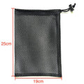 Black drawstring mesh storage bag for children's water balloons, shown in three sizes on a plain background.
