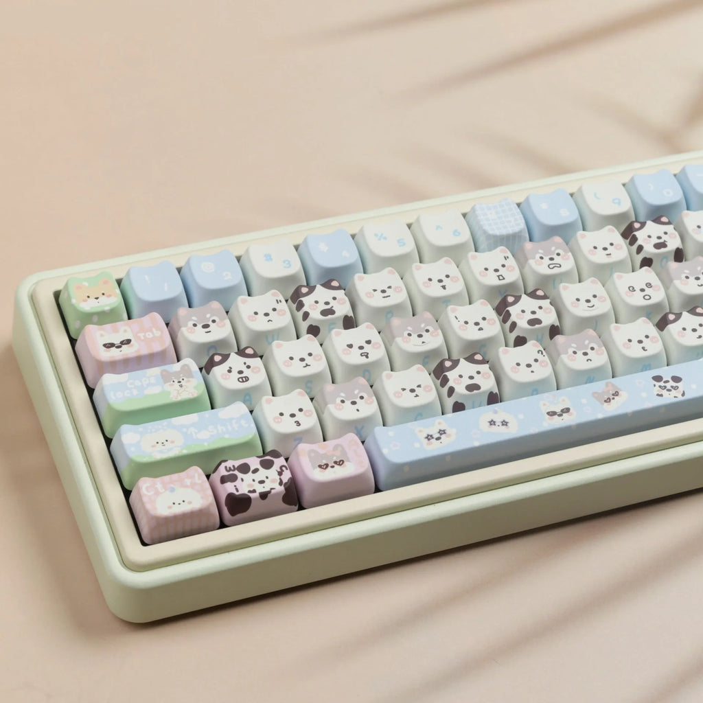 Full set of 26 PBT key caps with cute puppy designs for mechanical keyboards
