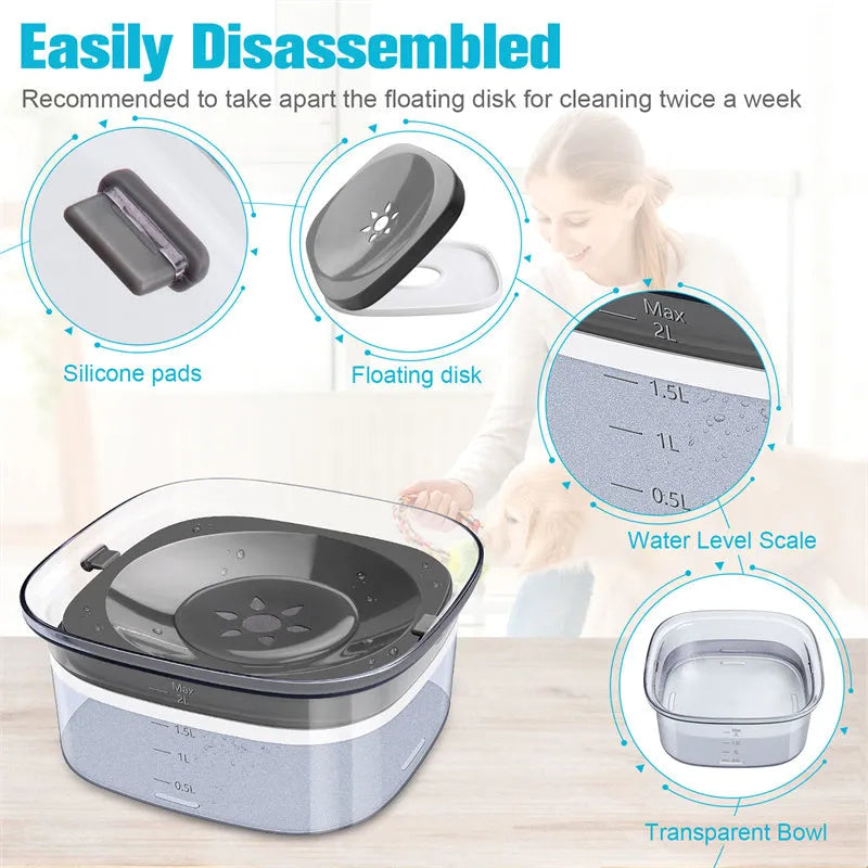 Clear plastic dog water bowl showing water level, with a white floating disc inside on a non-slip base.