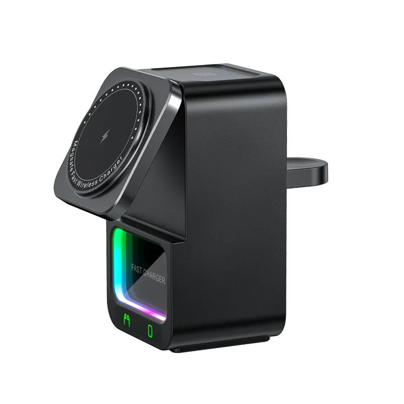 White and black 5-in-1 Bluetooth speaker wireless charger with digital clock display.