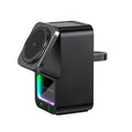 White and black 5-in-1 Bluetooth speaker wireless charger with digital clock display.