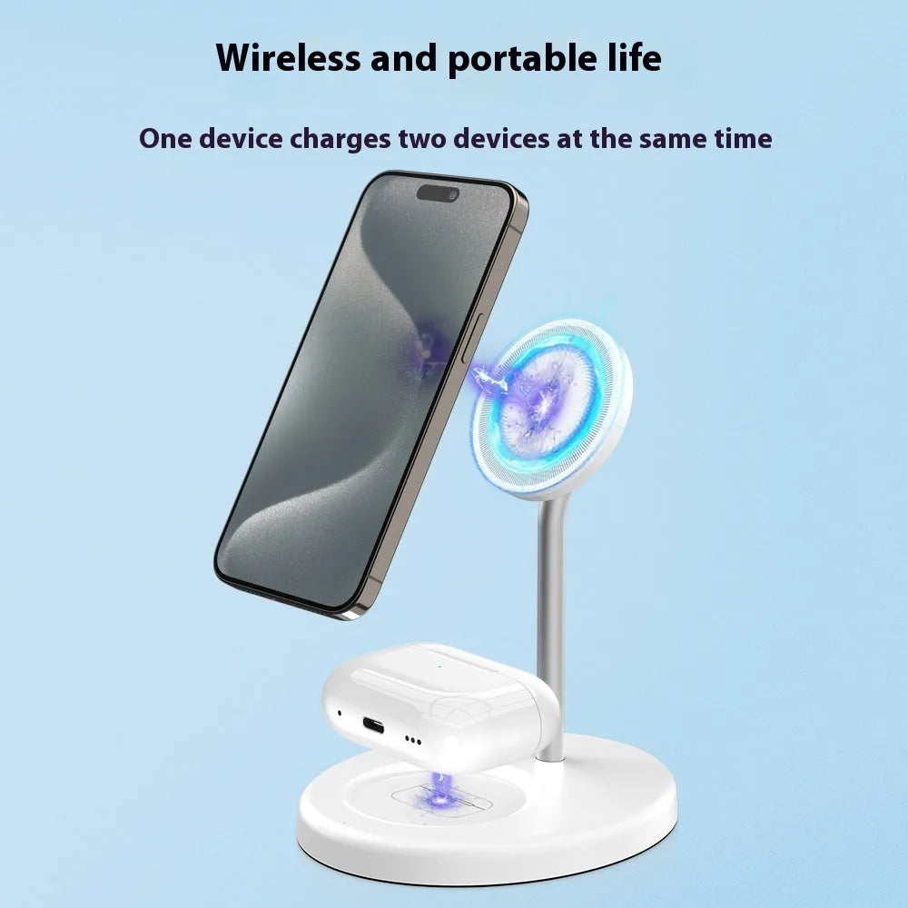 Rotatable three-in-one wireless charger in black or white, ABS and aluminium alloy, 130x110x161mm, Type C