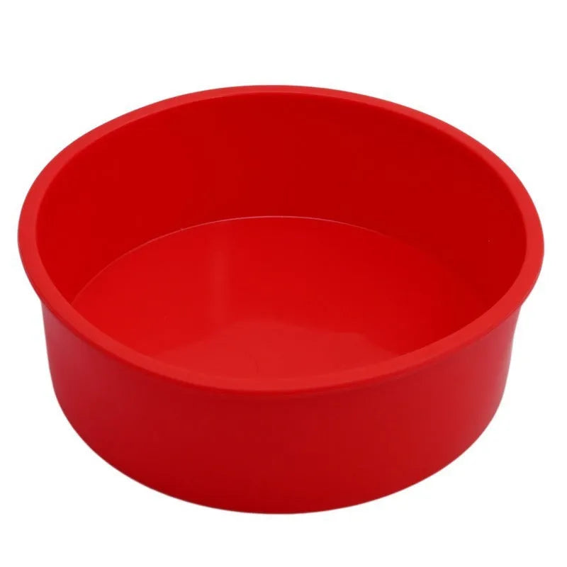 Red round silicone cake mould showing three sizes: 4-inch, 6-inch, and 8-inch diameters