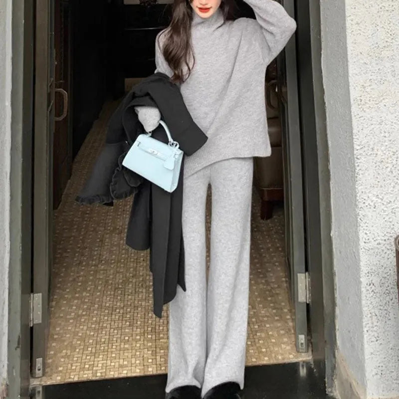 Women's acrylic fibre two-piece set with sweater and wide-leg trousers in solid colour for office commuting