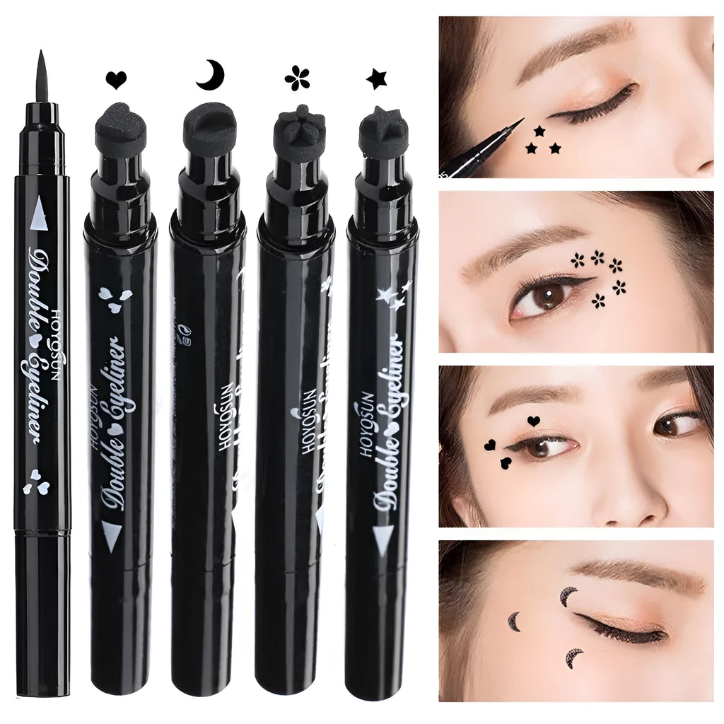Love Seal liquid eyeliner pen with options for Five pointed star, Flowers, Love, and Moon.