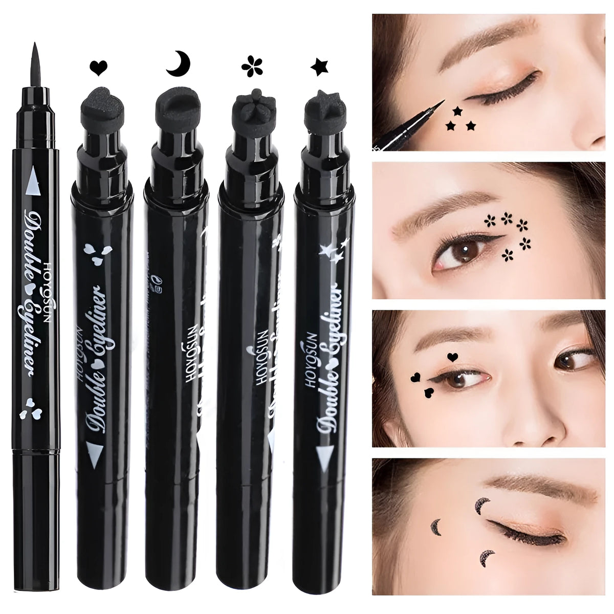 Love Seal liquid eyeliner pen with options for Five pointed star, Flowers, Love, and Moon.