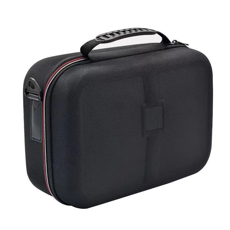 Black EVA game console accessory storage bag showing dimensions and offset printed finish