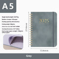 A5 size PU leather notebook with metal coil binding, shown in a choice of cover colours including black, brown, blue, and pink.