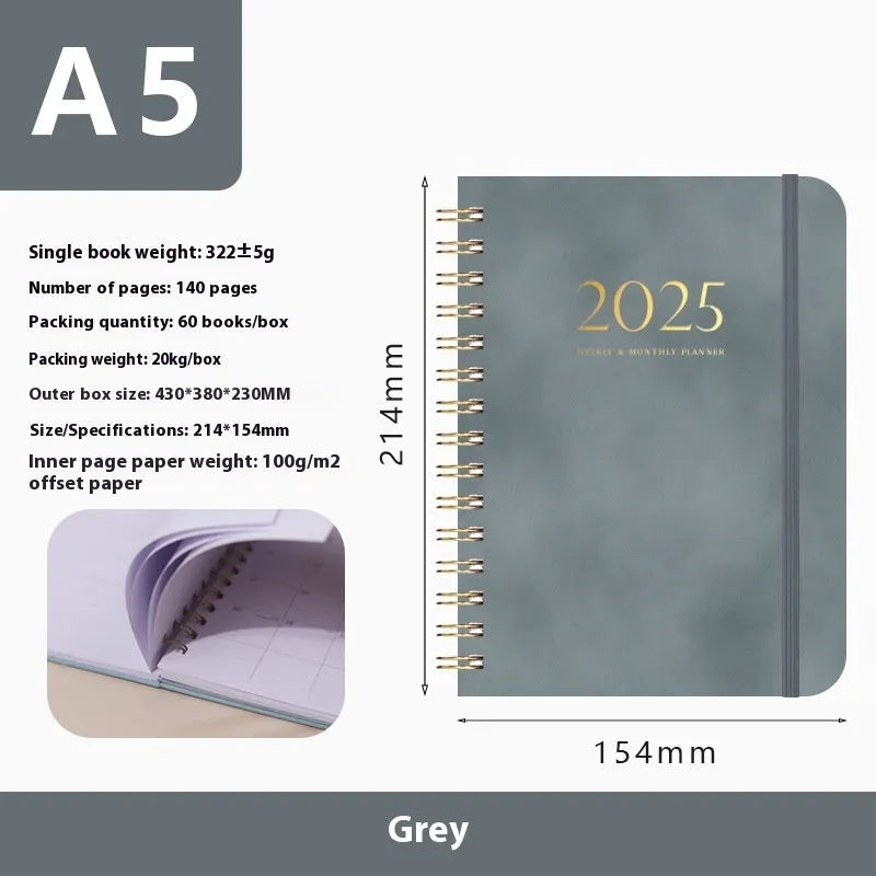 A5 size PU leather notebook with metal coil binding, shown in a choice of cover colours including black, brown, blue, and pink.