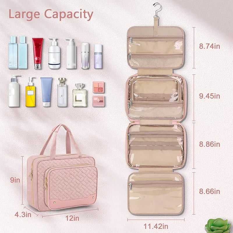 Black hanging waterproof cosmetic bag with hook showing 30.5cm width for travel storage