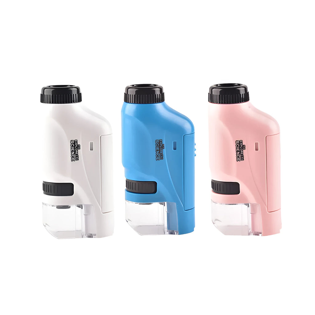 Children's portable optical handheld microscope toy 8.5x5x15cm in blue, pink or white with colour box