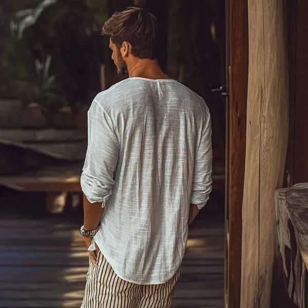 V-neck long-sleeved t-shirt in beige, slim-fit design, made from hemp blend fabric, sizes S to XXXL