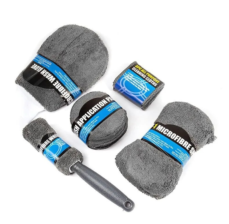 Nine-piece grey microfiber car wash set with gloves, sponge, brush, towels, and waxing wipes