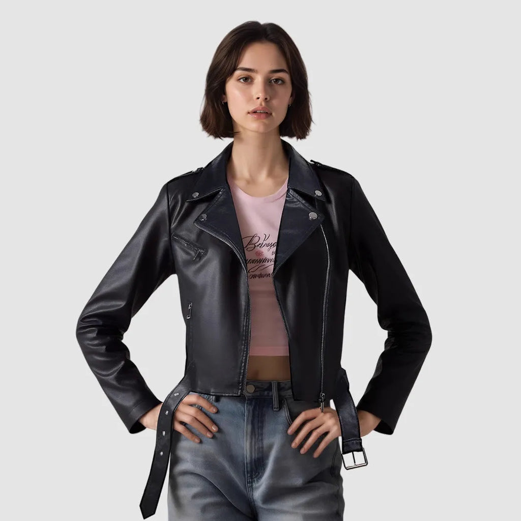 Women's red PU leather jacket with lapel collar and adjustable belt, street fashion style
