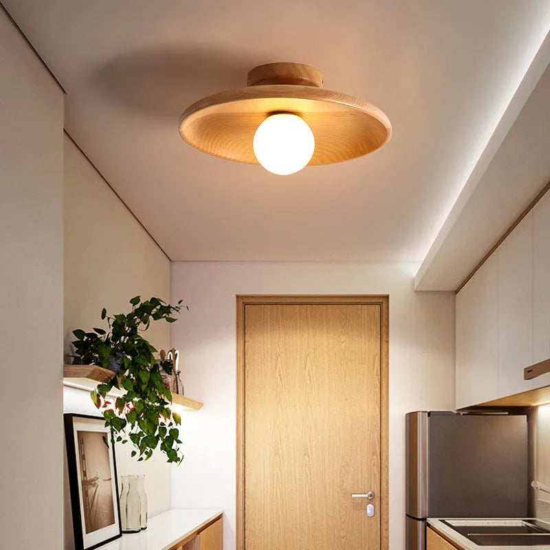 Aisle Ceiling Lamp in solid wood with glass shade, available in wood or walnut colour, diameters 18cm, 28cm, 35cm.