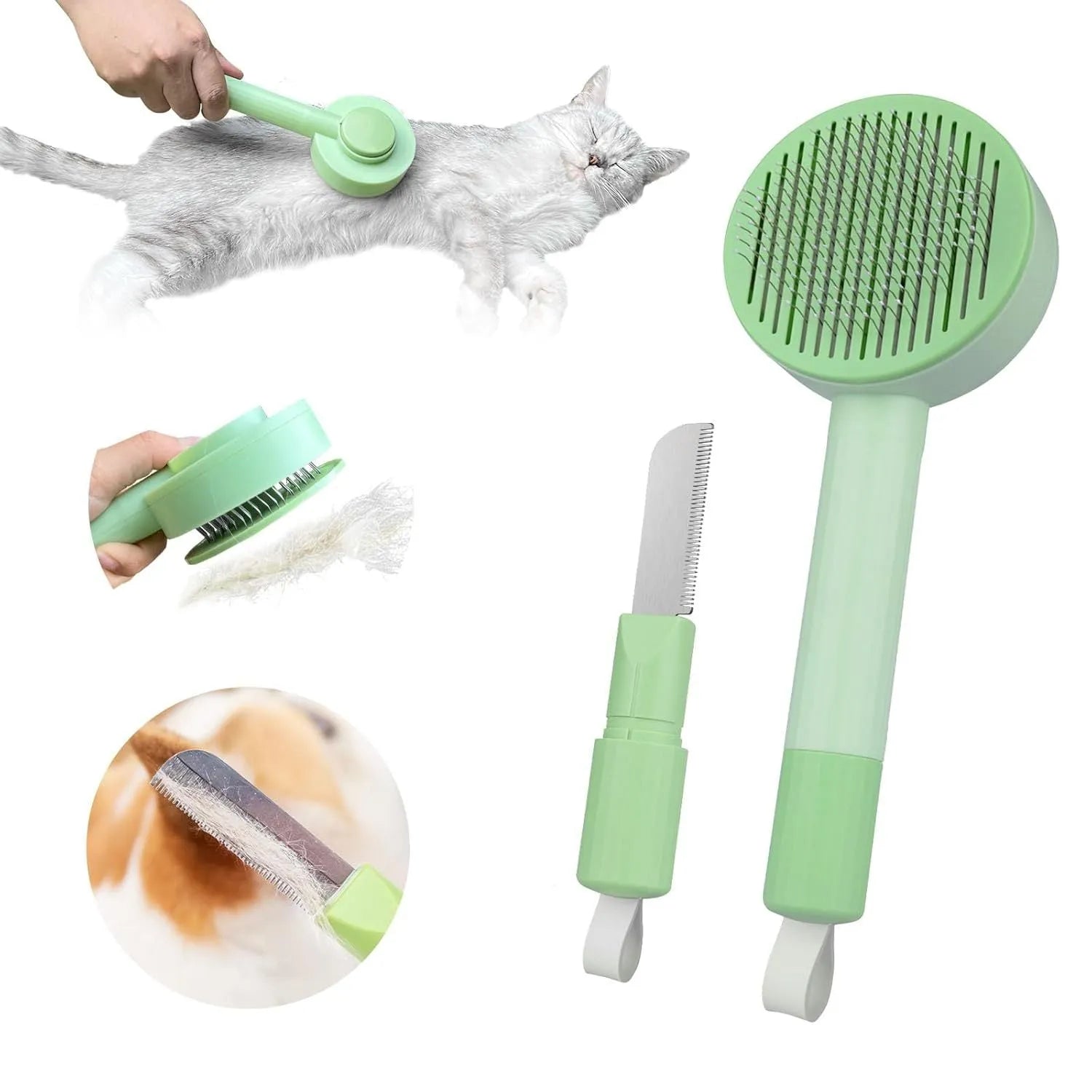 Green and yellow 2-in-1 pet grooming brush with stainless steel brush and hanging design