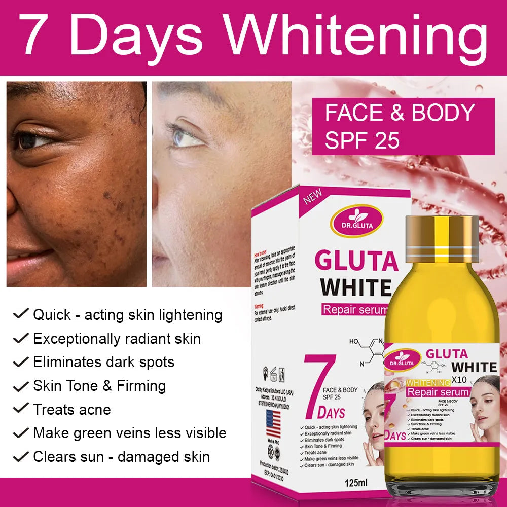 Glutathione whitening serum 125ml bottle for 7 day whitening repair, moisturising and anti-aging facial use