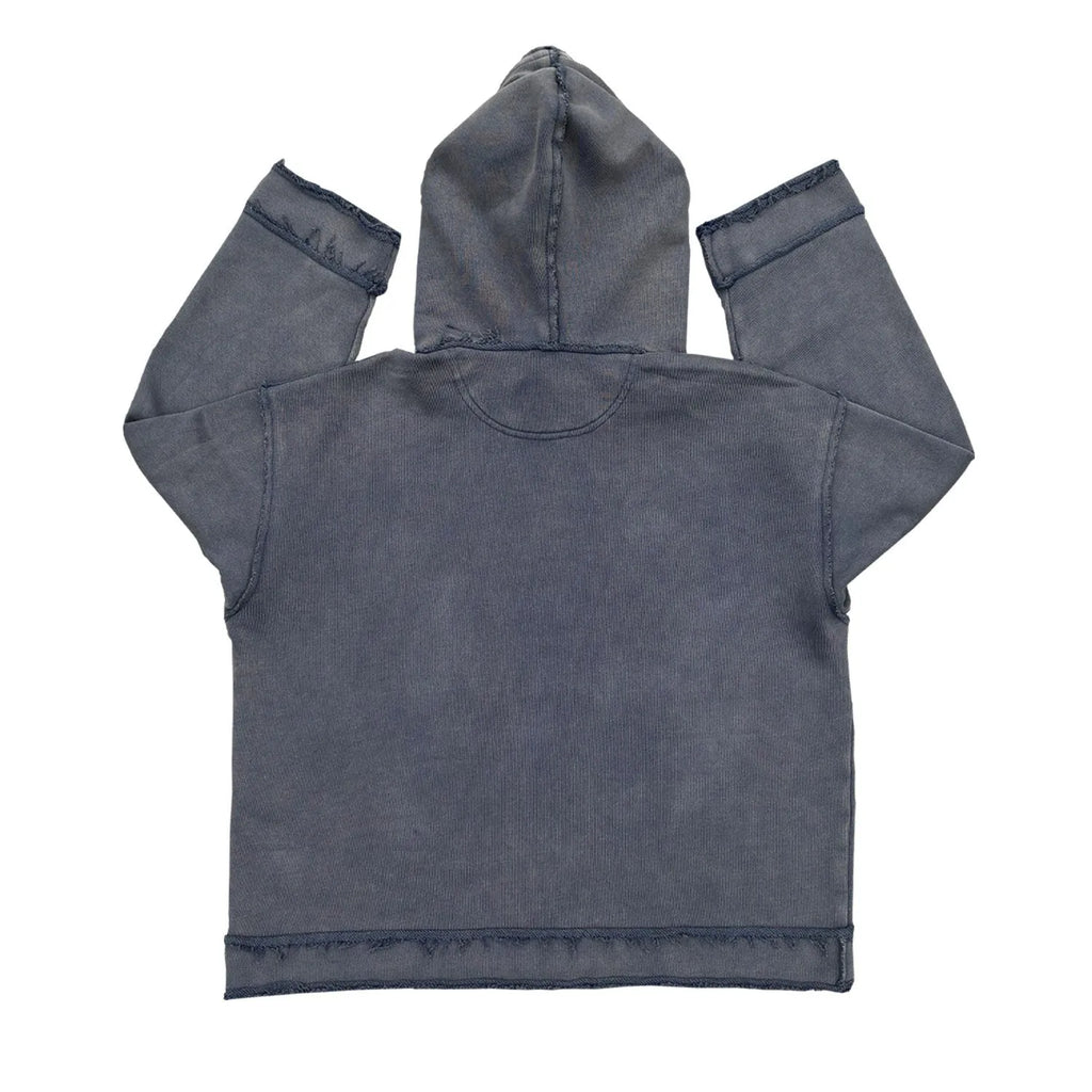 Dark blue cotton hoodie sweater with a crewneck and front kangaroo pocket.