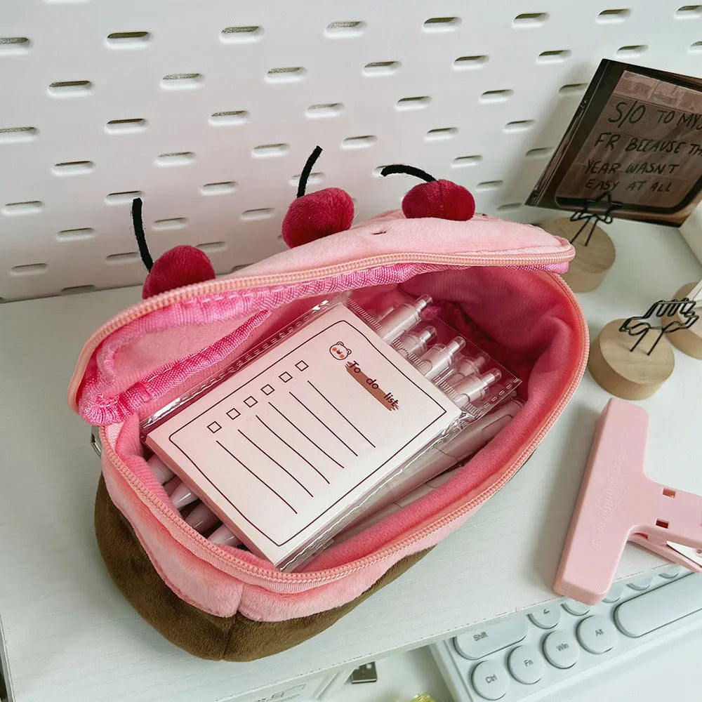 Cherry Cake Plush Pencil Bag in velvet with Korean style design and included pen case
