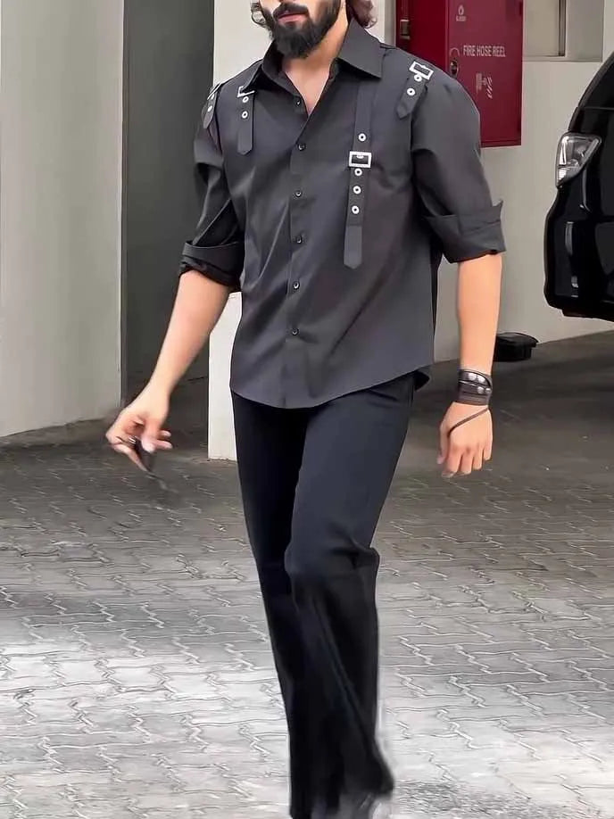 Men's black button-up utility shirt with regular fit, made from polyester, shown in a front view for daily wear