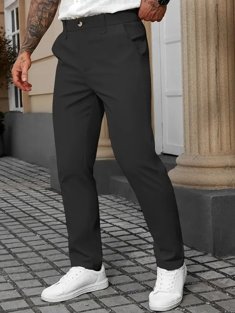 Men's straight-leg business casual trousers in polyester fabric available in four colours