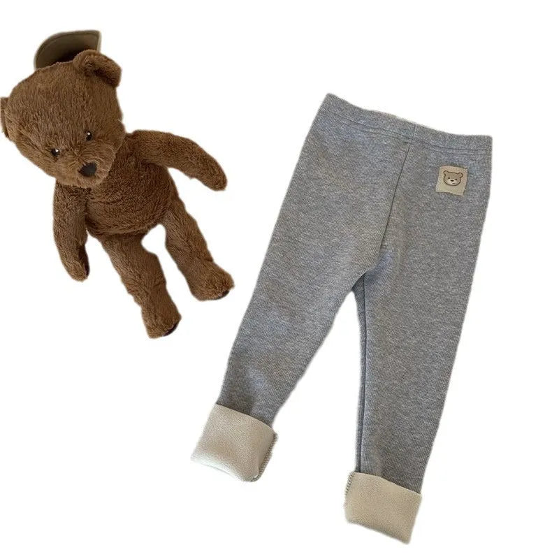 Girls' high-waist fleece-lined leggings in beige, black, brown, or grey colour.