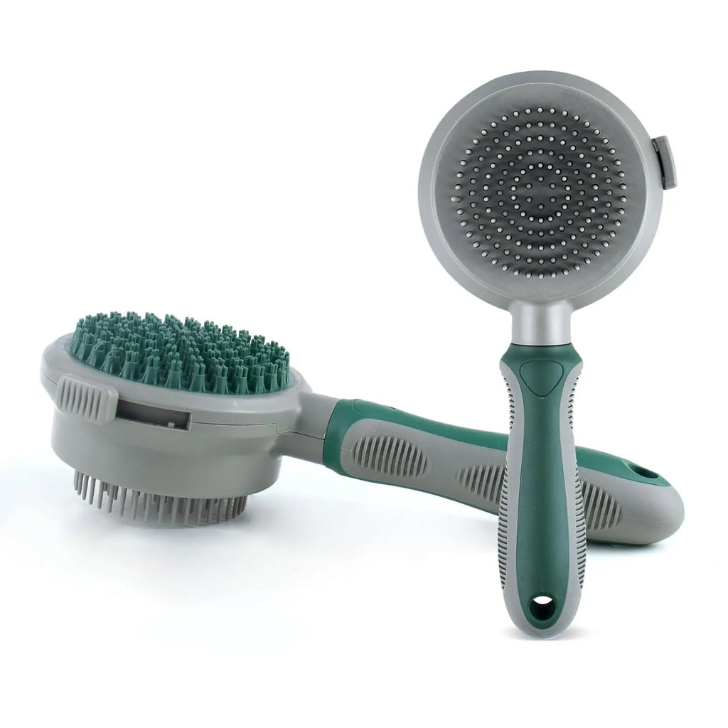 Two-sided silicone cat hair brush with retractable slicker and octopus-teethed massager in green or pink