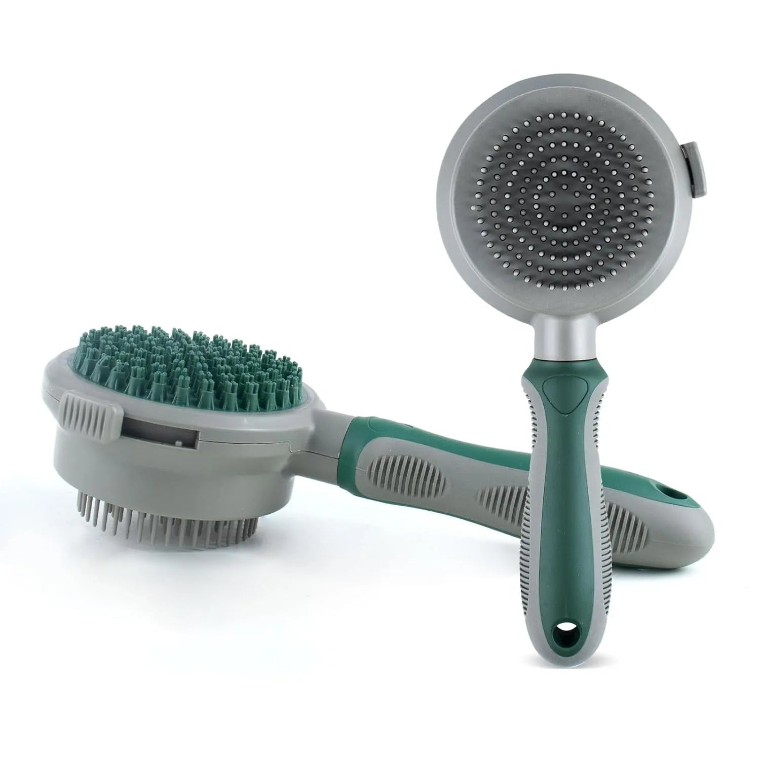 Two-sided silicone cat hair brush with retractable slicker and octopus-teethed massager in green or pink