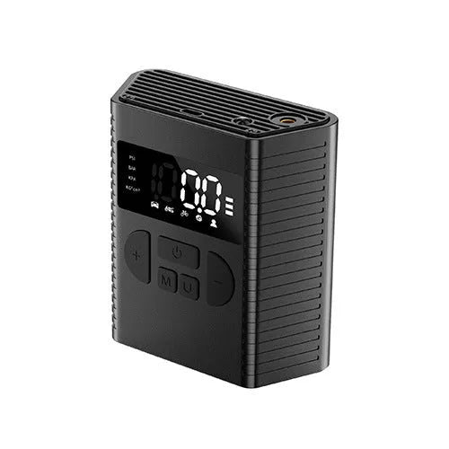 Wireless car tyre inflator pump with LED light, USB port, and storage bag with accessories.