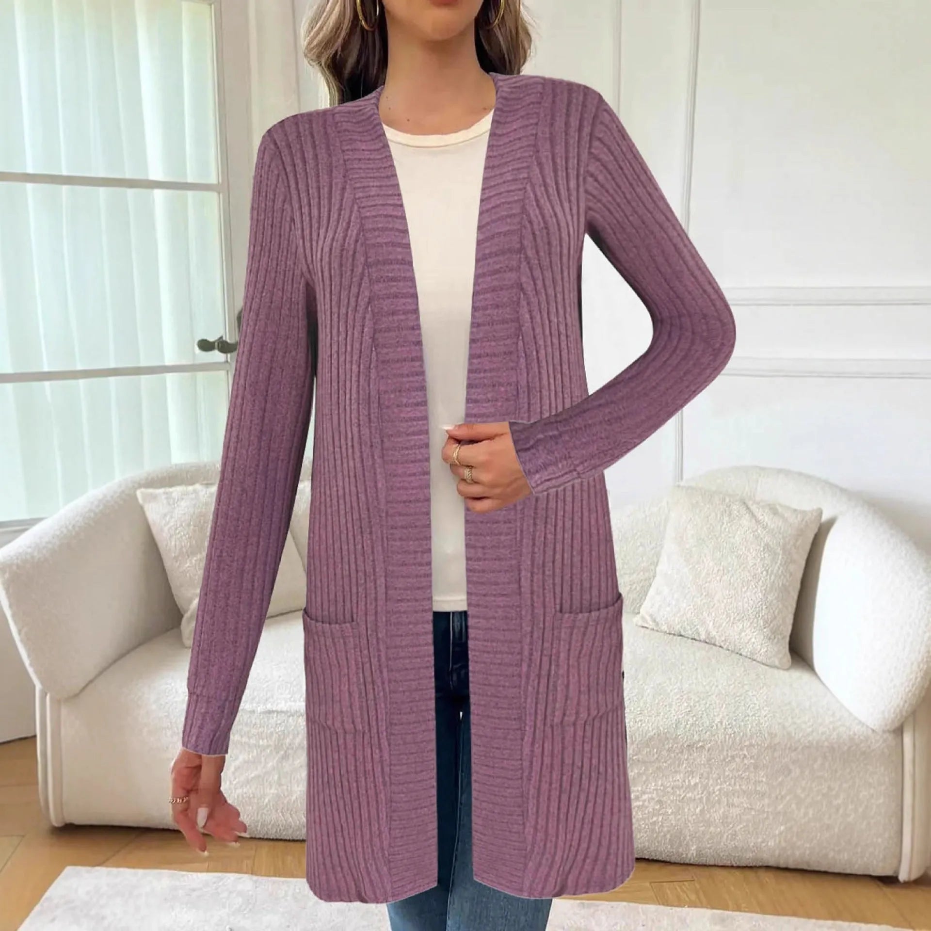 Long sleeve loose pockets knitted cardigan jacket in black colour showing front cardigan design and pocket details