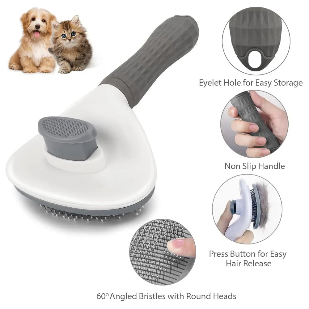 Blue cat grooming brush with release button and fine wire bristles for removing loose fur