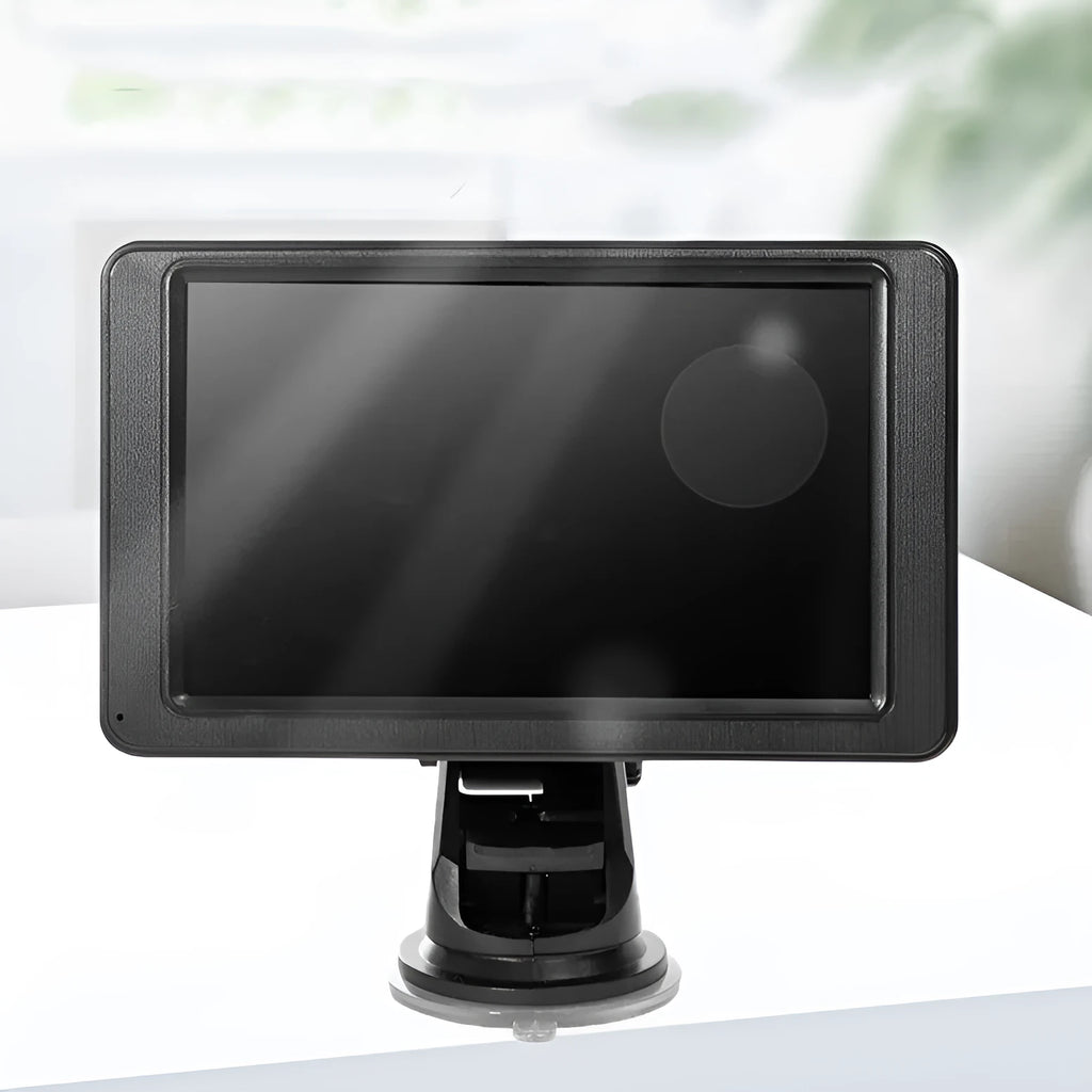Black vehicle-mounted MP5 player with 7-inch LCD screen on dashboard bracket showing media playback interface