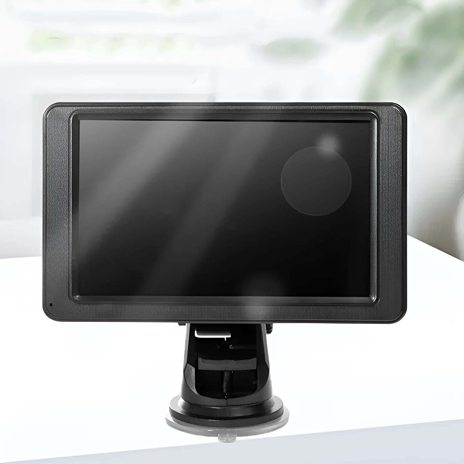 Black vehicle-mounted MP5 player with 7-inch LCD screen on dashboard bracket showing media playback interface