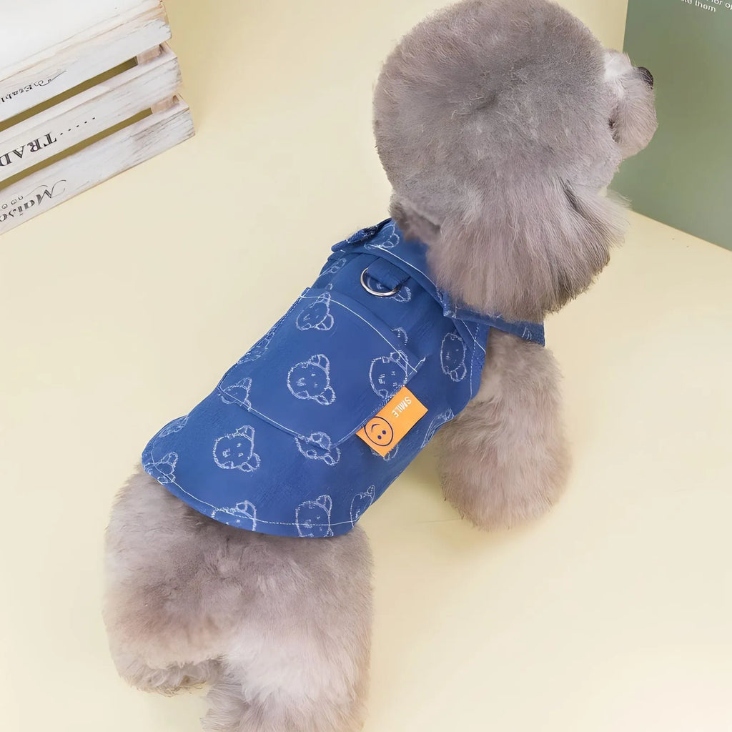 Teddy Bichon wearing denim princess dress in bracket-skirt style, small dog clothing for spring and autumn